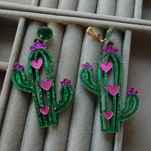 Green and Pink Cactus CLIP ON Earrings
